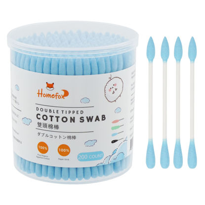 Picture of HOMEFOX Blue Cotton Swabs Precision Pointed - 200 Count Pointy Organic Cotton Buds Double Side Tightly Wrapped Cotton Tips Paper Stick Soft Gentle Lint-Free Cruelty-Free, Pointy & Round (Blue)