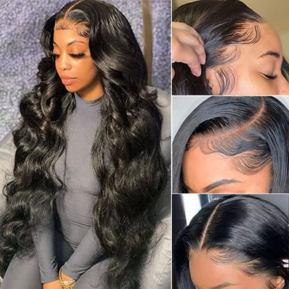 Picture of HD 13x6 Lace Front Wigs Human Hair Body Wave Lace Frontal Wigs Human Hair Pre Plucked Transparent Lace Brazilian Virgin Human Hair wigs For Black Women Glueless Natural Color 150% Density (26 Inch)