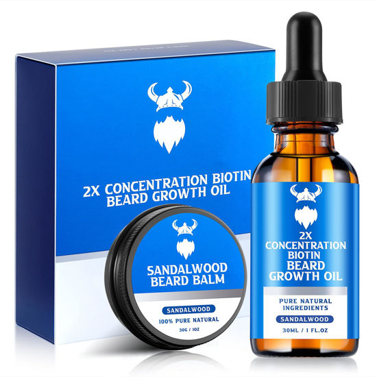 Picture of Beard Growth Oil & Beard Balm - Beard Growth Kit with 2X Concentration Biotin for Men, Natural Ingredients with Argan Oil, Jojoba Oil and Vitamin (Sandalwood)