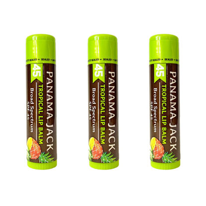 Picture of Panama Jack Sunscreen Lip Balm - SPF 45, Broad Spectrum UVA-UVB Sunscreen Protection, Prevents & Soothes Dry, Chapped Lips, Tropical, 3-pack