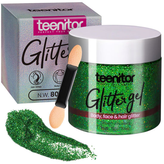 Picture of Teenitor Green Body Glitter Gel, Face Glitter Makeup, Green Glitter, Body Glitter, Hair Glitter Gel, Hair Glitter for Kids, Festival Rave Accessories, 80g/2.8oz Holographic Glitter for Face Body Hair