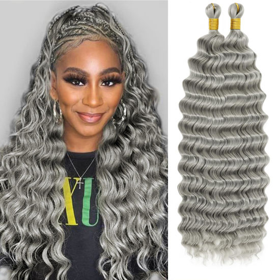Picture of Eerya Long Curly Braiding Hair 18 Inch 2 Packs Grey Ocean Wave Crochet Hair for Black Women Deep Wave Braiding Hair for Boho Braids (18 inch, Grey)