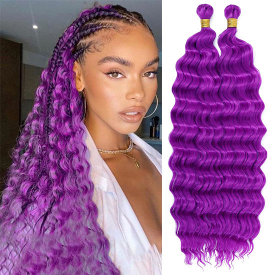 Picture of Eerya Long Curly Braiding Hair 18 Inch 2 Packs Purple Ocean Wave Crochet Hair for Black Women Deep Wave Braiding Hair for Boho Braids (18 inch, Purple)