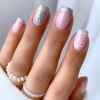 Picture of Christmas Snowflake Press on Nails French Tip Fake Nails Glossy Silver False Nails Tips with White Snowflake Designs Acrylic Nails Press ons Winter Glue on Nails Short Square Stick on Nails for Women