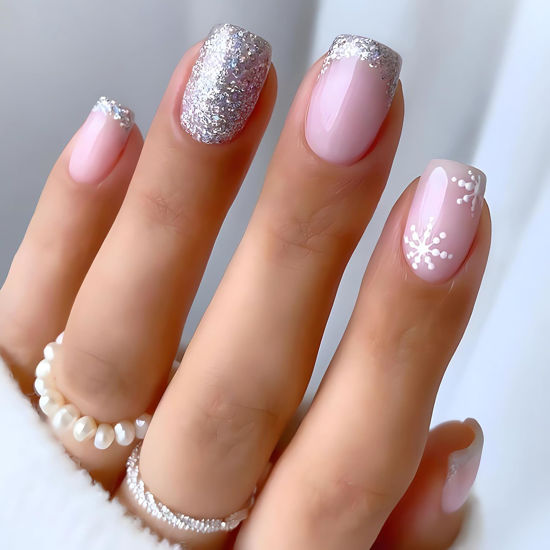 Picture of Christmas Snowflake Press on Nails French Tip Fake Nails Glossy Silver False Nails Tips with White Snowflake Designs Acrylic Nails Press ons Winter Glue on Nails Short Square Stick on Nails for Women