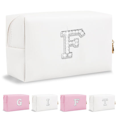 Picture of Personalized Birthday Gifts Initial Letter Makeup Bag for Women,Pearl Rhinestone Patch Cosmetic Bag Toiletry Bag,White Cute Preppy Pencil Pouch,Monogram Christmas Gift for Teen Girls Mom Friend Wife,F
