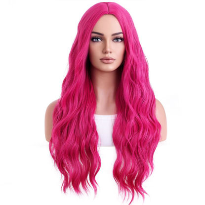 Picture of BERON Hot Pink Wigs Long Wavy Wig for Women Curly Heat Resistant Hair Wigs Halloween Cosplay Party with Wig Cap