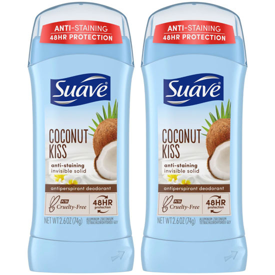 Picture of Suave Deodorant for Women, Coconut Kiss - Invisible Solid Antiperspirant Deodorant Stick, 48H Protection, Anti-Staining, Cruelty-Free, Scented, 2.6 Oz (Pack of 2)