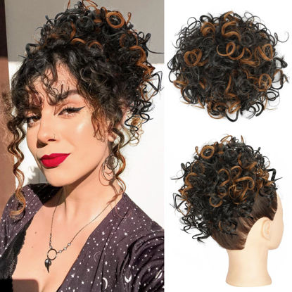 Picture of Lommel Messy Bun Hair Piece Short Curly Ponytail Extension Elastic Drawstring Loose Wave Curly Hair Buns Hair Piece Synthetic Hair Bun for Women Daily Use(Hoeny Brown with Nature Black)