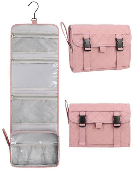 Picture of Relavel Travel Hanging Toiletry Bag, Travel Kit Shaving Bagfor Men Women, Waterproof Makeup Bag, Large Wash Bag Makeup Organizer, Toiletries Case for Bathroom Nude Pink