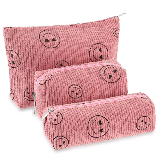 Picture of Huhumy 3 Pcs Makeup Bag Corduroy Cosmetic Bag Aesthetic Cute Preppy Makeup Bags for Women Smile Small Makeup Purse Pouch Travel Toiletry Bag Set Makeup Organizer with Zipper(Pink, Smile Face)