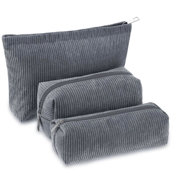Picture of Huhumy 3 Pcs Makeup Bag Corduroy Cosmetic Bag Aesthetic Cute Preppy Makeup Bags for Women Smile Small Makeup Purse Pouch Travel Toiletry Bag Set Makeup Organizer with Zipper (Gray, Solid Style)