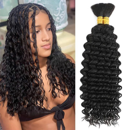 Picture of Human Braiding Hair 2 Bundles/Pack 100g Deep Wave Human Bulk Hair for Braiding No Weft 10A Brazilian Virgin Human braiding Hair for Boho Braids Extensions (Natural Color, 14 inch)