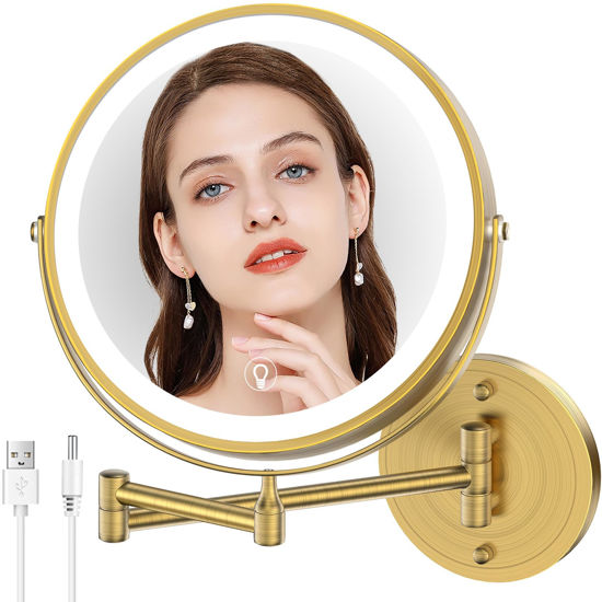 Picture of MNIENT Wall Mounted Lighted Makeup Mirror,8" Rechargeable Double-Sided Magnifying Mirror 1x/10x,3 Color Led Vanity Mirror with Lights,Touch Dimmable 360° Rotation Light up Mirror-Antique Bronze