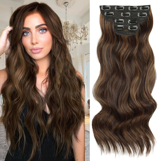Picture of Vigorous Clip in Hair Extensions Black&Dark mix light brown Hair Extensions Clip ins 4PCS Thick Synthetic Wavy Hair Extensions for Women