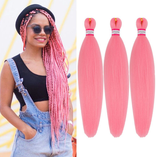 Picture of Dorsanee Pink Braiding Hair Pre Stretched 20 Inch 3 Packs Professional Easy Braiding Hair for Crochet Braids Twists Locs Hair Soft Yaki Texture Hot Water Setting Synthetic Hair Extensions
