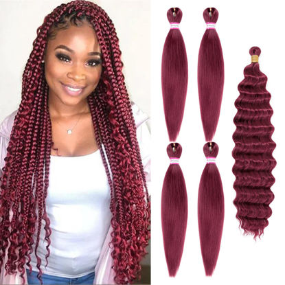 Picture of Dorsanee Burgundy Braiding Hair for Boho Braids 20 Inch 4 Packs Pre Stretched Braiding Hair and 18 Inch 1 Pack Deep Wave Braiding Hair for Crochet Boho Braids Synthetic Hair Extensions (bug#)
