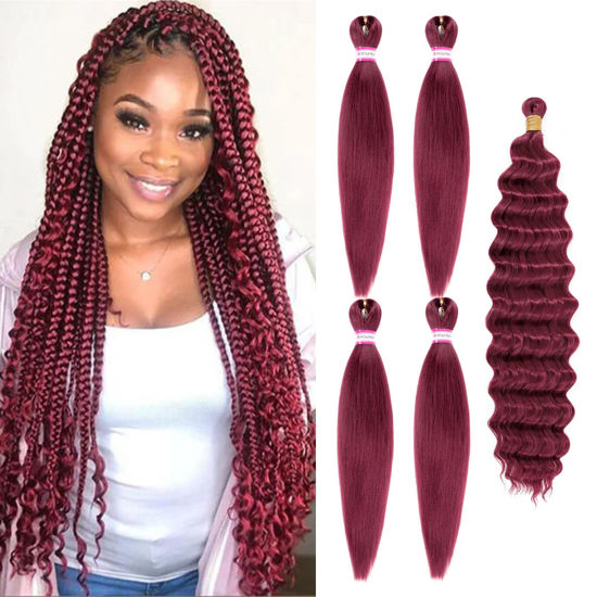 Picture of Dorsanee Burgundy Braiding Hair for Boho Braids 20 Inch 4 Packs Pre Stretched Braiding Hair and 18 Inch 1 Pack Deep Wave Braiding Hair for Crochet Boho Braids Synthetic Hair Extensions (bug#)