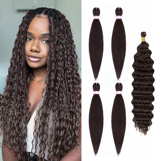 Picture of Dorsanee Dark Brown Braiding Hair for Boho Braids 20 Inch 4 Packs Pre Stretched Braiding Hair and 18 Inch 1 Pack Deep Wave Braiding Hair for Crochet Boho Braids Synthetic Hair Extensions (4#)