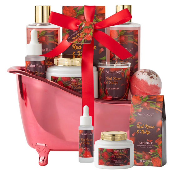 Picture of Valentines Day Gifts for Her Mother's Day Bath Spa Gift Set Red Rose & Tulip Spa Basket Kits for Women, Contains Essential Oil, Bubble Bath, Body Lotion, Bath Salt, self care baskets for women gift