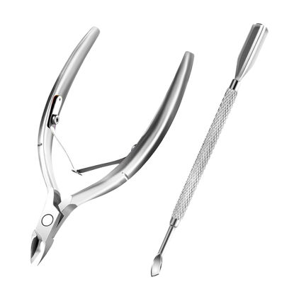 Picture of Cuticle Trimmer with Cuticle Pusher and Scissors, Cuticle Remover Professional Durable Pedicure Manicure Tools, Stainless Steel Cuticle Nipper Cutter Clipper (Silver Pusher)