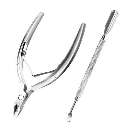 Picture of Cuticle Trimmer with Cuticle Pusher and Scissors, Cuticle Remover Professional Durable Pedicure Manicure Tools, Stainless Steel Cuticle Nipper Cutter Clipper (Silver Pusher)