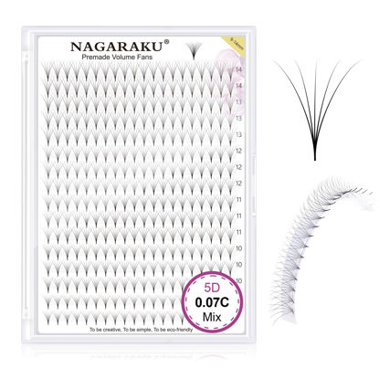 Picture of NAGARAKU Premade Fans Eyelash Extensions 320 Fans 5D Volume 0.07mm C curl 9-14mm Mix Tray Sharp Narrow Stem Clusters Thin Pointy Base Russian Pre Fanned Fluffy Matte Black