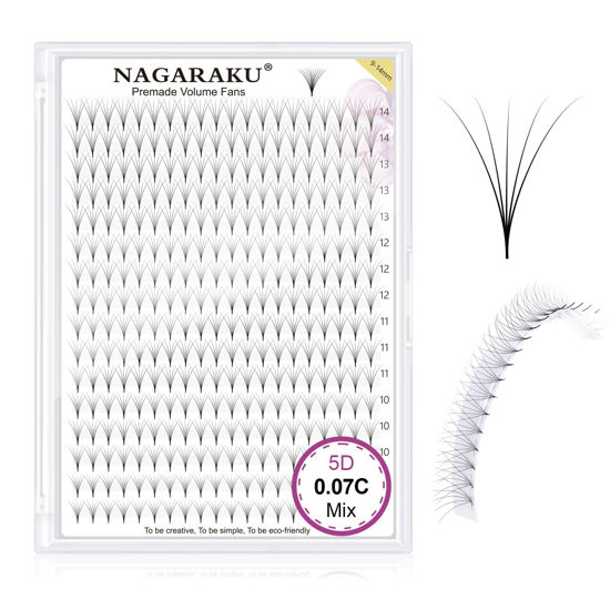 Picture of NAGARAKU Premade Fans Eyelash Extensions 320 Fans 5D Volume 0.07mm C curl 9-14mm Mix Tray Sharp Narrow Stem Clusters Thin Pointy Base Russian Pre Fanned Fluffy Matte Black
