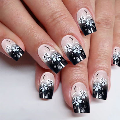 Picture of YOSOMK Black Fake Nails Square Short Press on Nails with Flower Design Glossy Full Cover False Nails Artificial Glue on Nails for Women