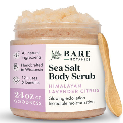 Picture of Bare Botanics Lavender Grapefruit Body Scrub 24oz | Made in Madison, WI | All Natural Himalayan Sea Salt Exfoliator w/Skin Loving Moisturizers | Vegan Cruelty Free Salt Scrub w/a Cute Wooden Spoon