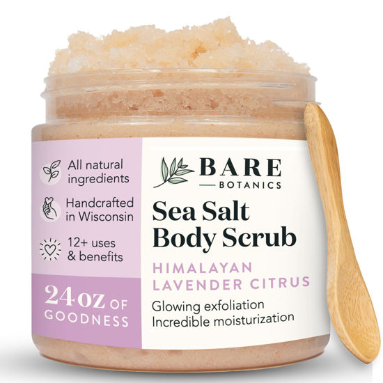 Picture of Bare Botanics Lavender Grapefruit Body Scrub 24oz | Made in Madison, WI | All Natural Himalayan Sea Salt Exfoliator w/Skin Loving Moisturizers | Vegan Cruelty Free Salt Scrub w/a Cute Wooden Spoon