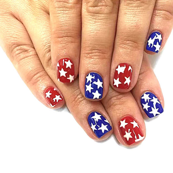 Picture of 24Pcs 4th of July Press on Nails Short Independence Day Fake Nails Square Shape Five-pointed Star False Nails Glossy Full Cover Cute Artificial Nails American Independence Day Manicure Decor for Women