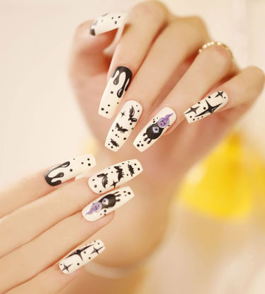 Picture of Vaveah 24 Pcs Halloween Press on Nails Long, Coffin Fake Nails with Nail Glue, Glue on Nails False Nails for Women (Set 2)