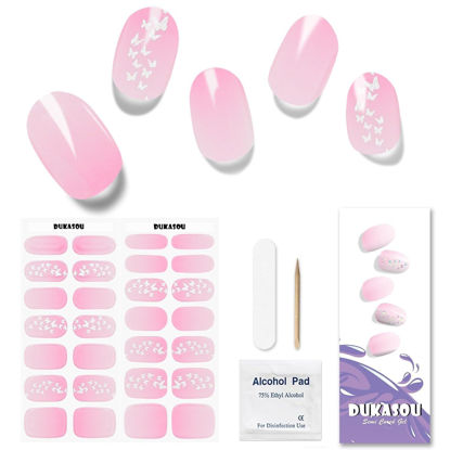 Picture of DUKASOU Semi Cured Gel Nail Strips, 28pcs Real Nail Polish Art Stickers/Wraps Need UV Light, Includes Prep Pads, Nail File & Wood Stick, Sticker Nails for Women Girls Kids DIY（Gradient Pink