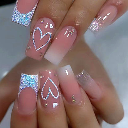Picture of Medium Press on Nails Square Pink Ombre Fake Nails with Heart Glitter French Designs Rhinestones False Nails Press ons Valentine's Day Glue on Nails Glossy Full Cover Valentines Nails for Women 24 Pcs