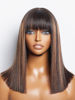 Picture of LUVME HAIR 14 Inch Yaki Straight Bob Wig with Bangs Human Hair Glueless HD Lace Bob Wig with Brown Highlights, Ready to Go Short Wigs For Women 180 Density Breathable Cap