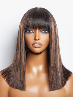 Picture of LUVME HAIR 14 Inch Yaki Straight Bob Wig with Bangs Human Hair Glueless HD Lace Bob Wig with Brown Highlights, Ready to Go Short Wigs For Women 180 Density Breathable Cap