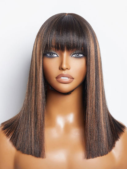 Picture of LUVME HAIR 14 Inch Yaki Straight Bob Wig with Bangs Human Hair Glueless HD Lace Bob Wig with Brown Highlights, Ready to Go Short Wigs For Women 180 Density Breathable Cap