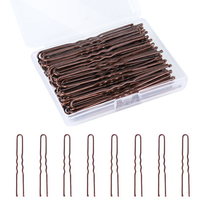 Picture of U Shaped Hair Pins, 100PCS 2.4inch Bun Hair Pins for Women Kids Girls Hairdressing Salon with Storage Box, for All Hair Types - Brown
