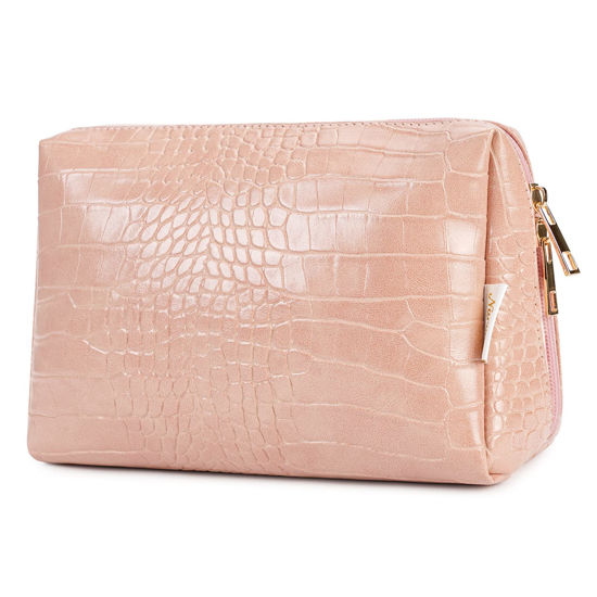 Picture of Narwey Large Vegan Leather Makeup Bag Zipper Pouch Travel Cosmetic Organizer for Women (Large, WX-Pink)