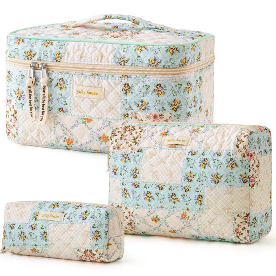 Picture of HBselect Quilted Makeup Bag, 3PCS Cotton Large Travel Makeup Bag, Cute Floral Coquette Make up Bag Cosmetic Bag Toiletry Bag for Women Girls