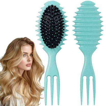 Picture of Curly Hair Brush Boar Bristle Curl Defining Brush for Curl Wave Straight Hair, Unique Trident Handle Design Defineing Brush for Wet Dry Hair Styling Massage Hairbrush Hair Pick Comb Curl Brush Green