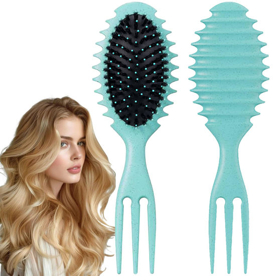 Picture of Curly Hair Brush Boar Bristle Curl Defining Brush for Curl Wave Straight Hair, Unique Trident Handle Design Defineing Brush for Wet Dry Hair Styling Massage Hairbrush Hair Pick Comb Curl Brush Green