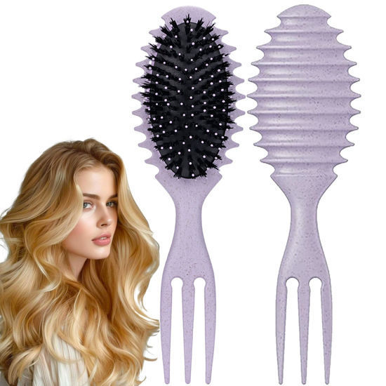 Picture of Curly Hair Brush Boar Bristle Curl Defining Brush for Curl Wave Straight Hair, Unique Trident Handle Design Defineing Brush for Wet Dry Hair Styling Massage Hairbrush Hair Pick Comb Curl Brush Purple