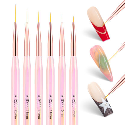 Picture of AIRSEE Nail Art Brushes, Liner Brushes For Nails Gel Polish 6Pcs Thin Nail Brush Set Professional Nail Detail Brush for Salon at Home DIY Manicure Fine Drawing Sizes 7/9/11/13/15/20mm (Pink)