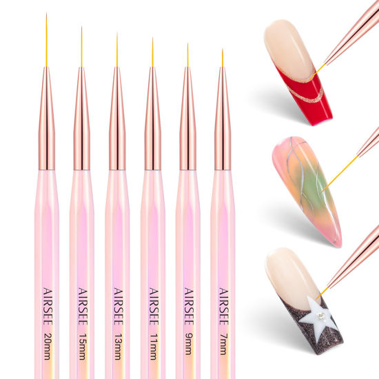 Picture of AIRSEE Nail Art Brushes, Liner Brushes For Nails Gel Polish 6Pcs Thin Nail Brush Set Professional Nail Detail Brush for Salon at Home DIY Manicure Fine Drawing Sizes 7/9/11/13/15/20mm (Pink)