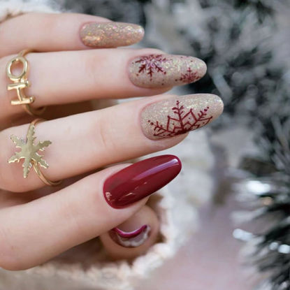 Picture of Christmas Press on Nails Almond Medium Fake Nails Red Full Cover False Nails with Designs Snowflake Glue on Nails Gold Glitter Acrylic Stick on Nails Xmas Winter Artificial Nails for Women 24Pcs