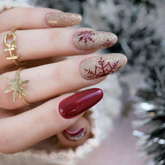 Picture of Christmas Press on Nails Almond Medium Fake Nails Red Full Cover False Nails with Designs Snowflake Glue on Nails Gold Glitter Acrylic Stick on Nails Xmas Winter Artificial Nails for Women 24Pcs