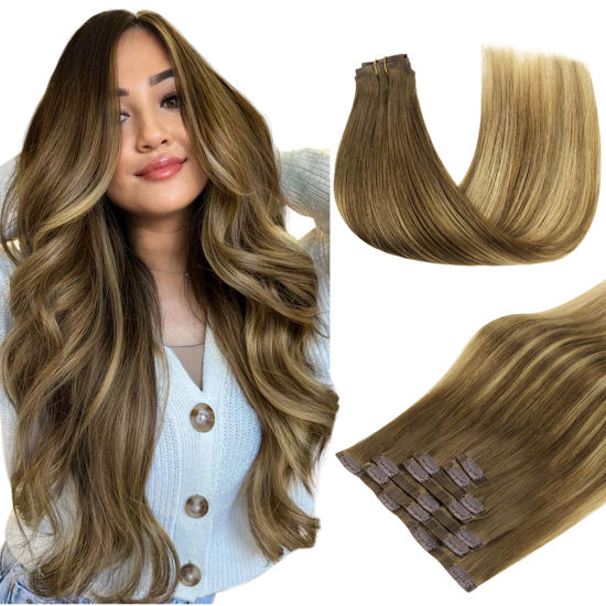 Picture of DOORES Human Hair Clip in Extensions, Medium Brown Highlighted Dirty Blonde 7pcs 110g 22 Inch, Hair Extensions Seamless Clip in with Skin Weft Remy Hair Extensions Invisible Edge Hair Extensions