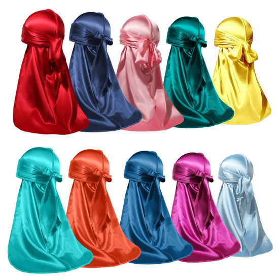 Picture of ForceWave 10 Pieces Silky Durags Long Tail for Women Men Satin Durag 360 Wave，Dorag, 10 Pieces